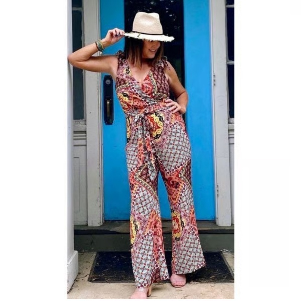 Anthropologie Mairi Harlyn Colorful Patchwork Jumpsuit Shoulder Tie S Petite NEW